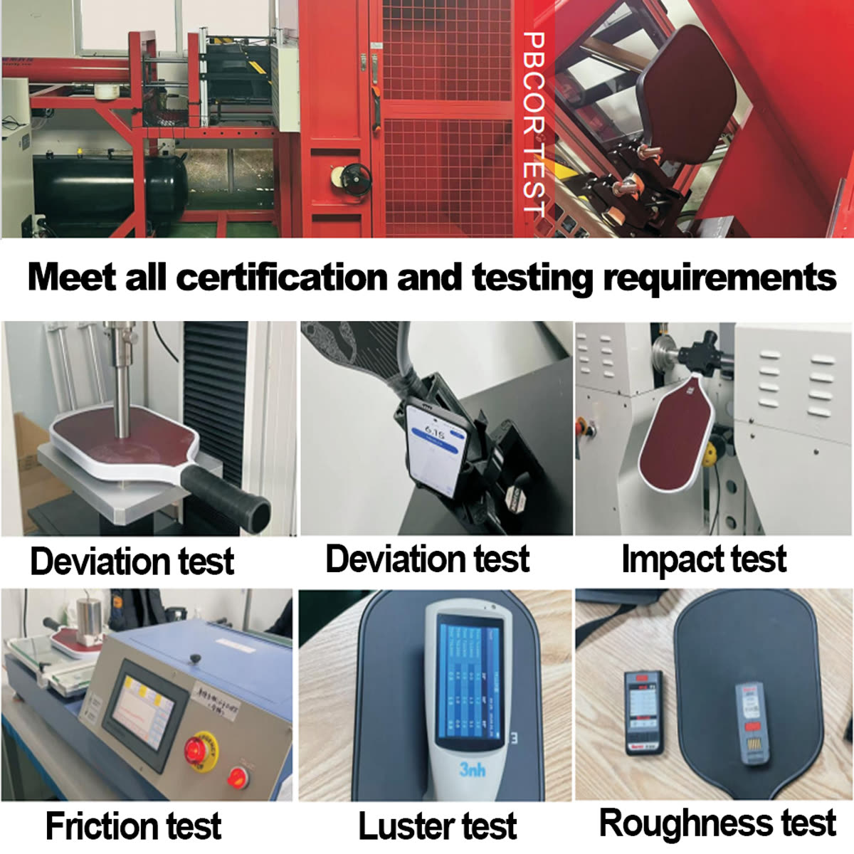 Pickleball paddle impact, deflection, friction and roughness testing equipment